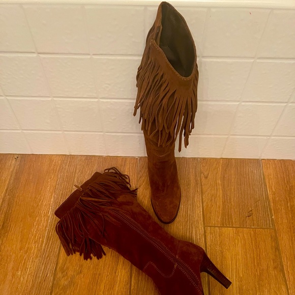 Suede Tan Brown Heel Fringe Boots Boho Western Kitten Heel tall leather - Picture 3 of 12